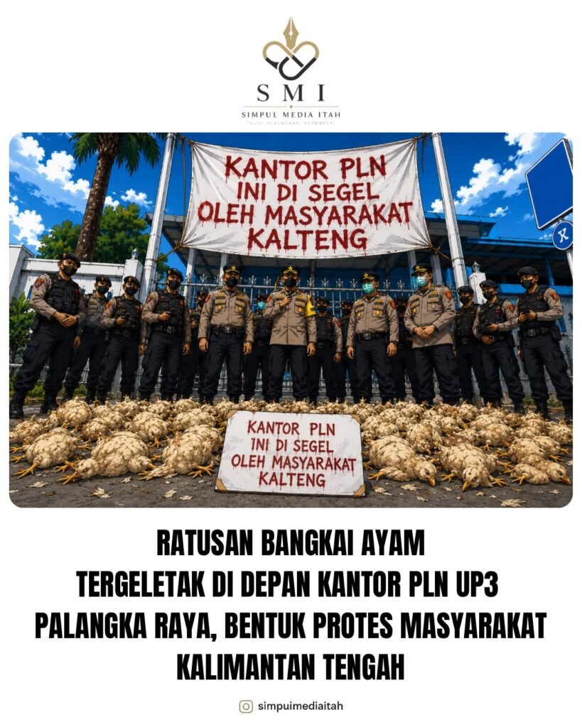 Foto massa peternak ayam sedang membuang bangkai ayam di depan Kantor PLN UP3 Palangka Raya.